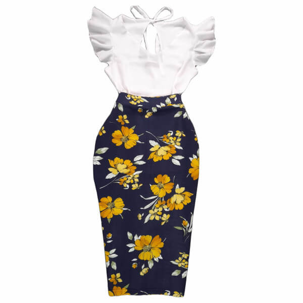 Ruffle Sleeve Blouse Set with Back Knot and Flowered Pencil Skirt